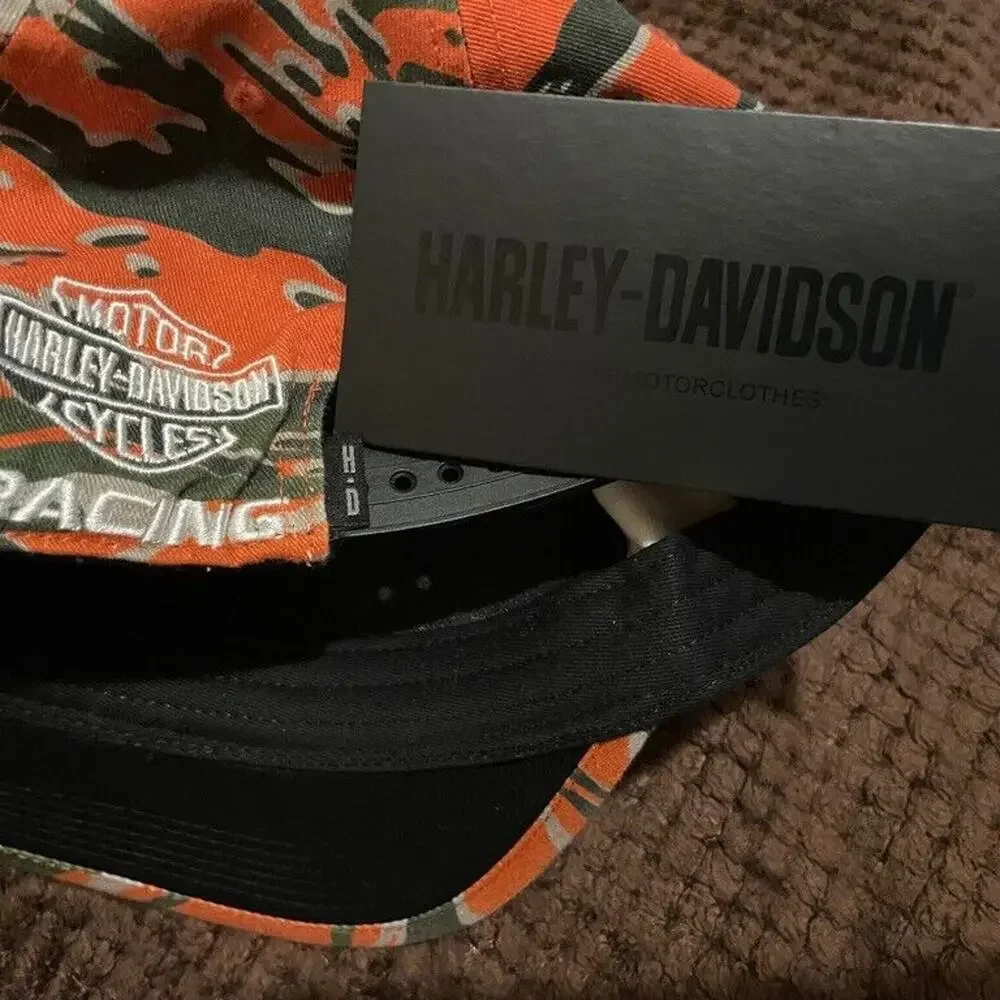 HARLEY DAVISON HAT CAMO‎ ORANGE GREEN RACING SNAPBACK BIKER MILITARY ICONIC RARE